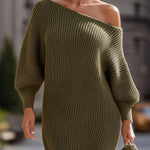 Olive Green Asymmetric Off-the-Shoulder Sweater