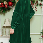 Green Long Sleeve Ruffle Velvet Button Up Shirt Dress