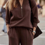 Meet The Autumn Ribbed Zipper Neck Sweatshirt and Elastic Waist Pocketed Loose Pants Set