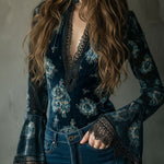 Retro Blue Floral  Velvet Lace Blouse With Bell Sleeves