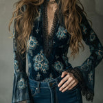 Retro Blue Floral  Velvet Lace Blouse With Bell Sleeves