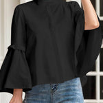 Flared Sleeves Long Sleeves Buttoned Pleated Solid Color Split-Joint Stand Collar Blouses&Shirts Tops