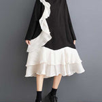 A-Line Long Sleeves Contrast Color Pockets Ruffle Trim Split-Joint V-Neck Midi Dresses