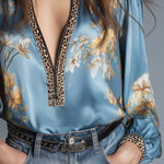Retro Leopard Print Trim Floral Polyester Satin Blouse