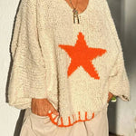 Warm Winter Day Texture Knit Star Pattern Contrast Color Loose Sweater
