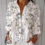 Women's Blue Green Watercolor Elegant Small Flower Floral Print Casual Linen V-neck Shirt