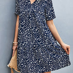 Short Sleeves Flower Print Split-Joint V-Neck Mini Dresses