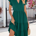 Loose Ruffle Sleeves Pleated Pockets Solid Color Split-Joint V-Neck Midi Dresses