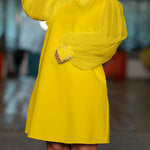 Puff Sleeves Beads Mesh Solid Color Split-Joint Round-neck Midi Dresses