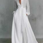 A-Line High Waisted Buttoned Pleated Pockets Solid Color Split-Joint Stand Collar Maxi Dresses Shirt Dress