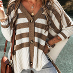 Stripe V Neck Buttoned High Low Cardigan