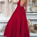 Bohemian Style V-neck Backless Slip Layered Vacation Maxi Dress