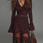 Bohemian Style Pleated Mesh Panel Midi Dress With Belt