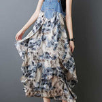 Loose Plus Size Flower Print Pockets Split-Joint Spaghetti-Neck Maxi Dresses Suspender Dress