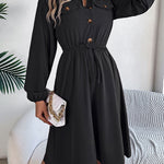 A-line Long Sleeves Buttoned Pleated Solid Color Tied Lapel Midi Dresses Shirt Dress