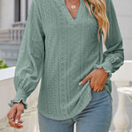 Solid color hollowed out gathered ruffle sleeve V-neck loose long-sleeved top
