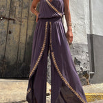 Tamia Gold Trim Elastic Waist Slit Wide Leg Slip Jumpsuit