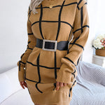Elasticated Waist Long Sleeves Belted Contrast Color Plaid Round-Neck Mini Dresses Sweater Dresses