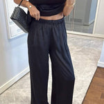 Classic on You Satin High Cowl Neck Top and Elastic Waist Pocket Loose Pants Set