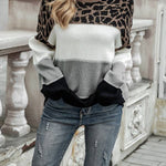 Leopard print color-blocked crew neck sweater