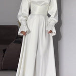 A-Line Long Sleeves Pleated Solid Color Tied Waist Zipper Mock Neck Maxi Dresses