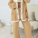 Fashion Casual Knitted Long Sleeve Pocket Cardigan and Elastic Waist Loose Wide Leg Pants Set