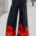 High Waisted Loose Floral Printed Pleated Split-Joint Pants Trousers