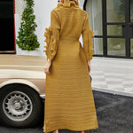 Original Loose Long Sleeves Tied Pleated Falbala Solid Color V-Neck Maxi Dresses
