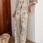 Margovil Cactus Print Lapel Long Sleeves Shirt Elastic Waist Wide Leg Pants Set