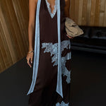 Sleeveless V Neck Lace Trim Satin Scarf Top