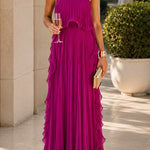 Margovil Strapless Tube Ruffle Pleated Swing Maxi Dress