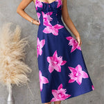 Adjustable Strap Back Lace-up Floral Print Midi Dress