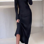 Margovil Round Neck Long Sleeves Satin Maxi Party Dress