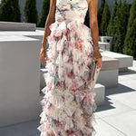 Strapless Floral Print Ruffle Layered Maxi Dress