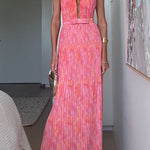 Halter V Neck Open Back Print Pleated Maxi Dress