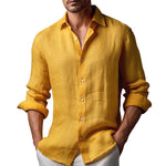 Men's Casual Solid Color Linen Lapel Slim Fit Long Sleeve Shirt