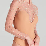 Long Sleeves Sheer Mesh Pearl Bodysuit