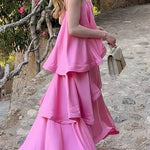 Margovil Adjustable Strap Ruffle Layered Satin Maxi Dress