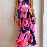 Margovil Halter Backless Cut Out Printed Maxi Pleated Dress