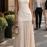 Boat Neck Sleeveless Splice Pleated Maxi Dress