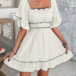 A-line High Waisted Elasticity Pleated Ruffle Trim Solid Color Square-neck Mini Dresses