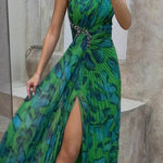 Sleeveless Leopard Pleated Split-Side One-Shoulder Evening Maxi Dresses