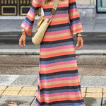 Striped contrast v-neck knitted dress