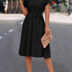 A-Line High Waisted Buttoned Solid Color Tied Waist Lapel Collar Midi Dresses Shirt Dress
