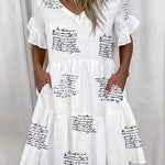 A-Line High Waisted Contrast Color Pleated Pockets Printed Split-Joint V-Neck Midi Dresses