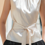 Sleeveless Smocked High-Neck Tie-Waist Blouse
