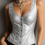 Stylish Black Leather Corset Waistcoat With Lace-Trim