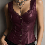 Stylish Black Leather Corset Waistcoat With Lace-Trim