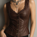 Stylish Black Leather Corset Waistcoat With Lace-Trim