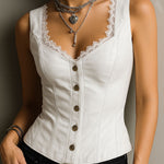 Stylish Black Leather Corset Waistcoat With Lace-Trim